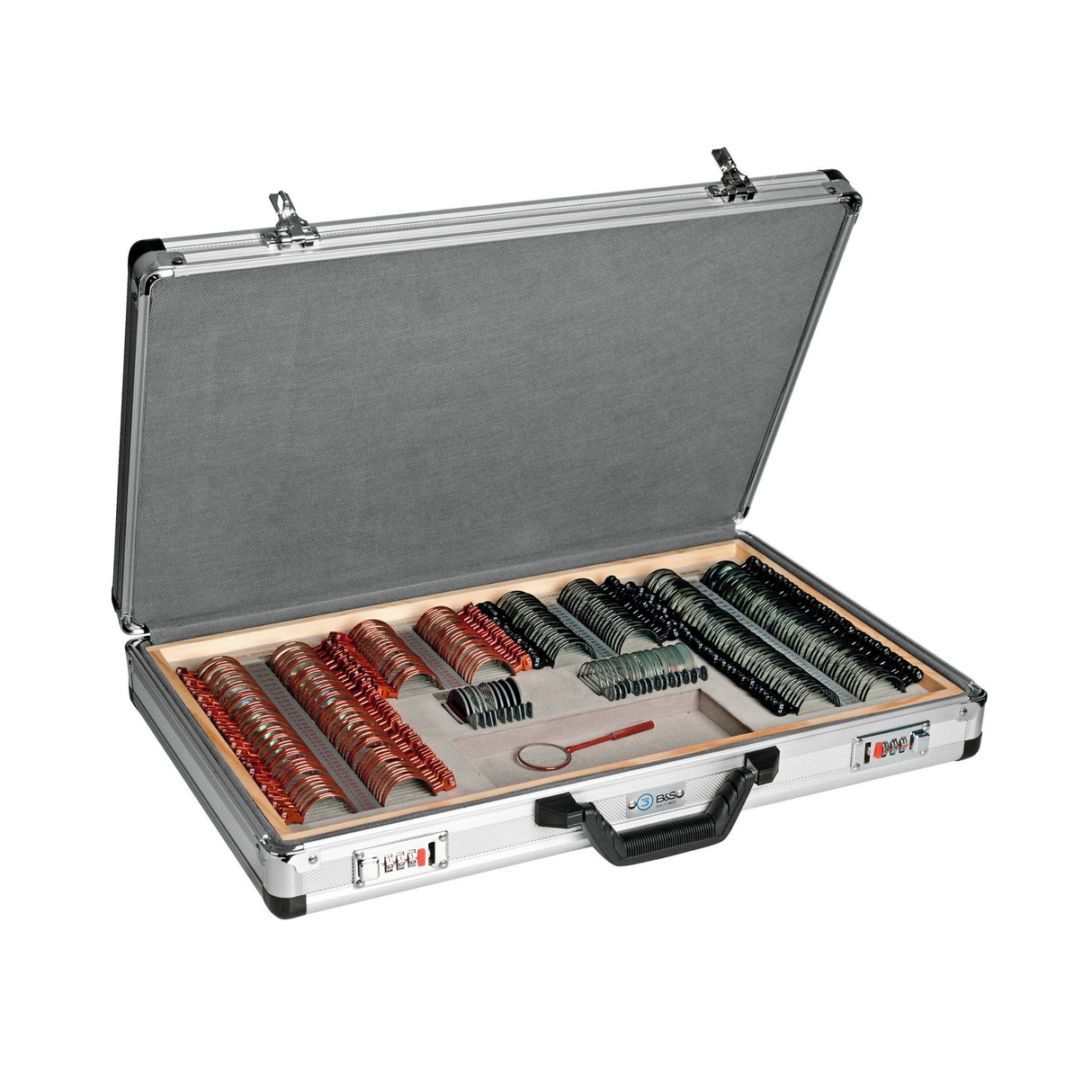 Coffret en verre contenant 260 verres de mesure à monture métallique