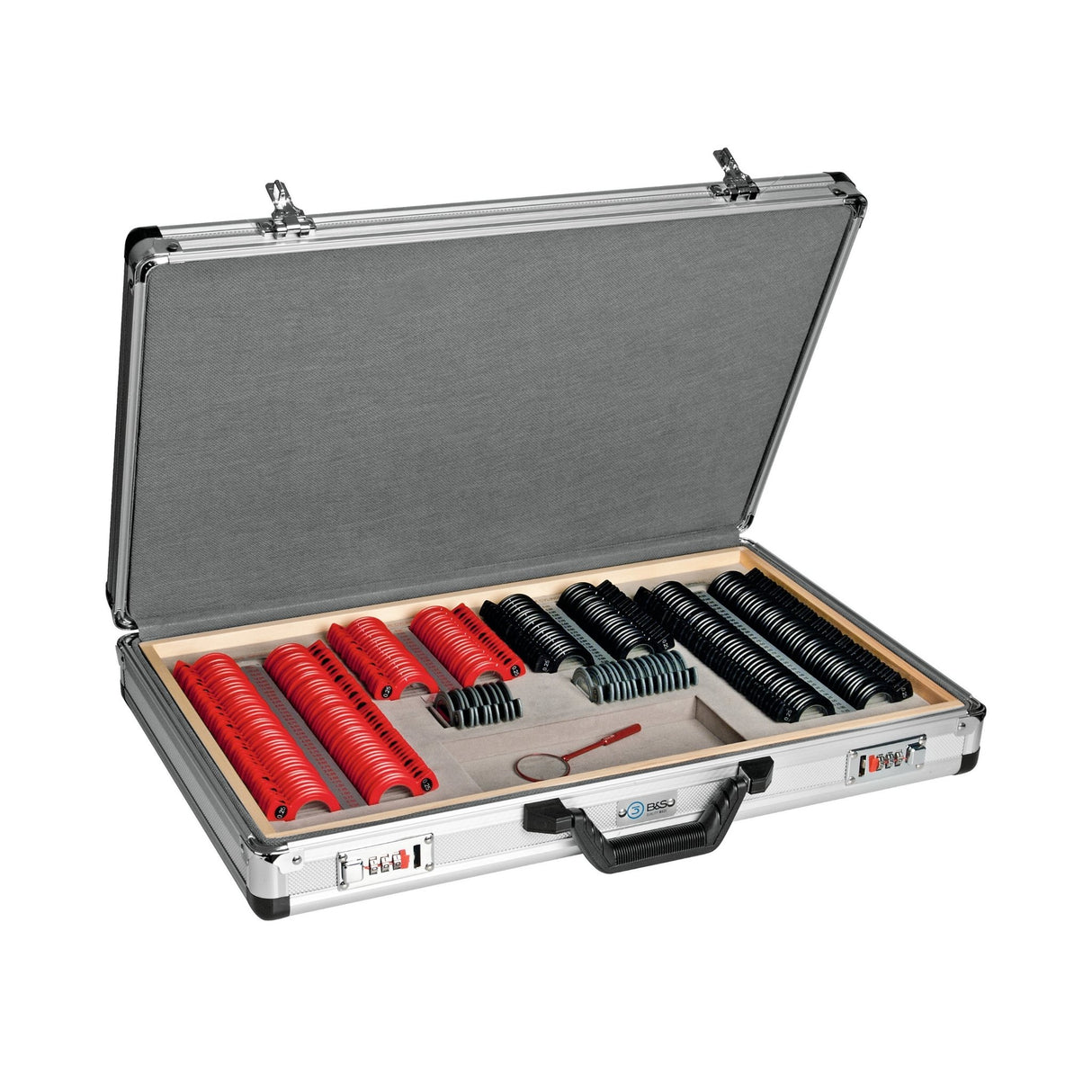 Boîte en verre contenant 260 verres de mesure à montures en plastique